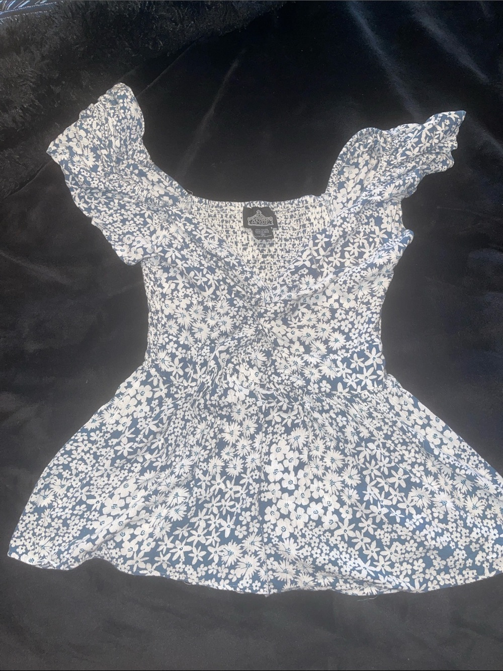 Angie Navy and White Floral Ruffle Peplum Top